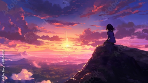 Awe-Inspiring sunset: 3D illustration of an anime girl amidst nature's beauty - girl in the mountains, wallpaper, Generative AI © Ameer