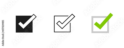 Poll vote choice check mark icon simple graphic checkbox vector set, black white tick check box checkmark square line outline flat design, correct right approve sign, conform yes valid checklist image