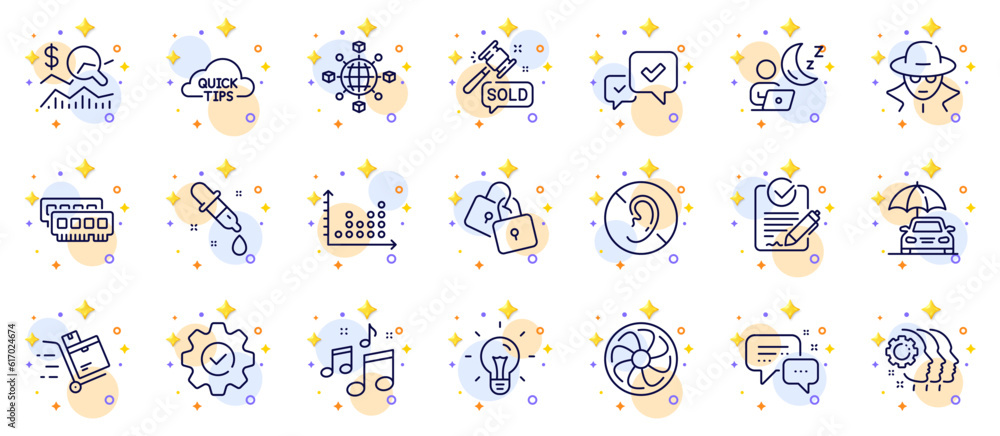 Outline set of Fan engine, Check investment and Inventory cart line icons for web app. Include Locks, Car insurance, Shift pictogram icons. Idea, No hearing, Employees teamwork signs. Vector Outline set of Fan engine, Check investment and Inventory cart line icons for web app. Include Locks, Car insurance, Shift pictogram icons. Idea, No hearing, Employees teamwork signs. Vector