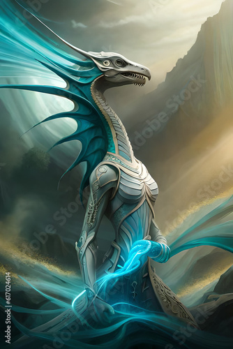 Xenomorph Alien. A dragon with blue wings and a blue body stands in front of a mountain. Digital painting illustration photo