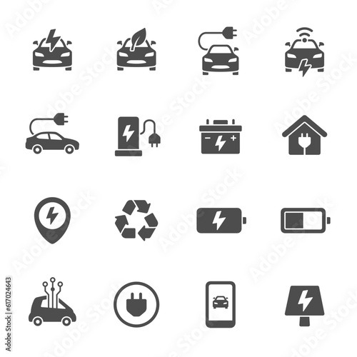 Electric cars vector icon set. Electro car charging and service icons.	