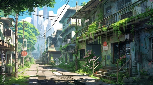 Serene abandoned towns: captivating anime-style illustration with overgrown streets, wildflowers, and intricate details, wallpaper, Generative AI