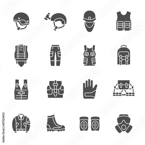 Army gear vector icon set. Military equipment and clothing icons.