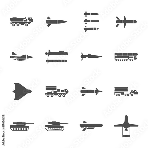 Modern armament vector icon set. Artillery, missiles, anti-aircraft systems icons. War weapons.