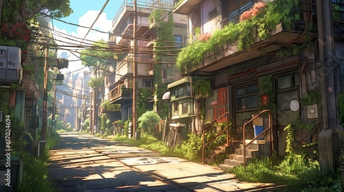 Enchanting anime-style illustration: abandoned towns awakened by nature's grace - old street in the city, Generative AI