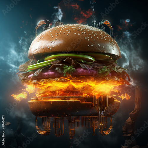 Futuristic and neon lights style spicy hamburger AI generated
