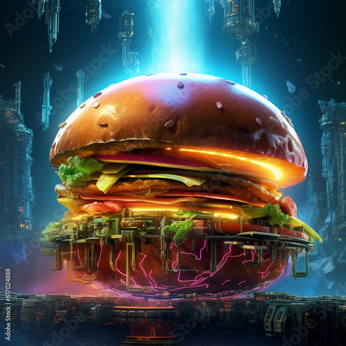 Futuristic and neon lights style spicy hamburger AI generated