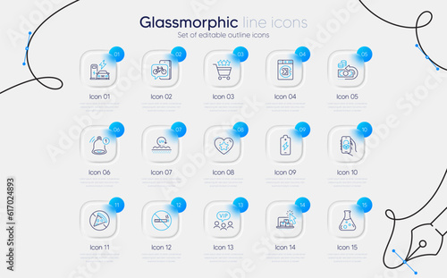 Set of Chemistry lab, No smoking and Online storage line icons for web app. Uv protection, Cash back, Bike app icons. Shopping rating, Prohibit food, Launder money signs. Glassmorphism buttons. Vector