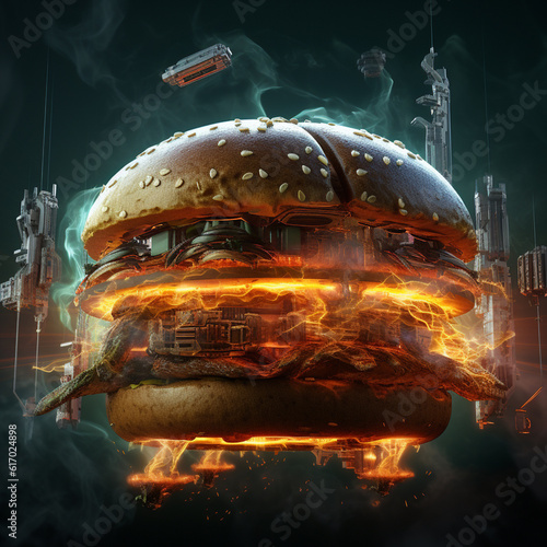 Futuristic and neon lights style spicy hamburger AI generated