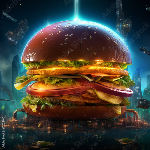 Futuristic and neon lights style spicy hamburger AI generated
