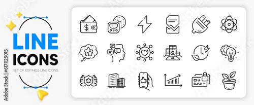 Like app, Card and Metro line icons set for app include Idea gear, Laureate, Buildings outline thin icon. Ranking stars, Charging time, Energy pictogram icon. Chart, Wallet, Inventory. Vector