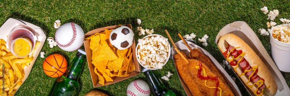 Naklejka premium Traditional sport stadium foods and beer background, Set of various baseball, basketball, football fans and stadium snacks, chips, sauces, hot dogs with beer bottles and fan accessories
