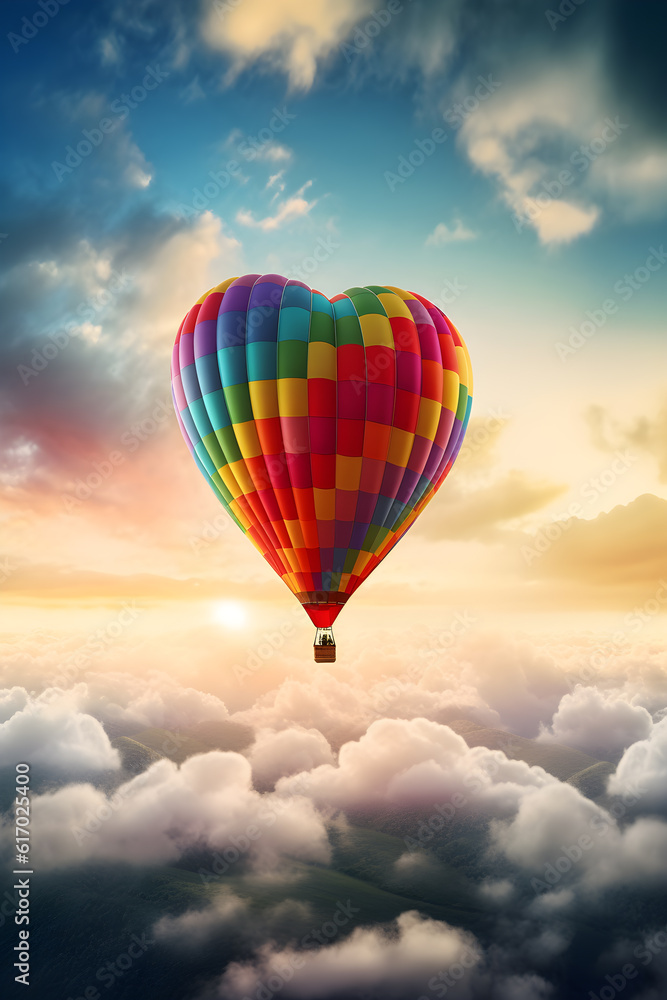 Obraz premium heart shaped hot air balloon with rainbow colors ,generative ai