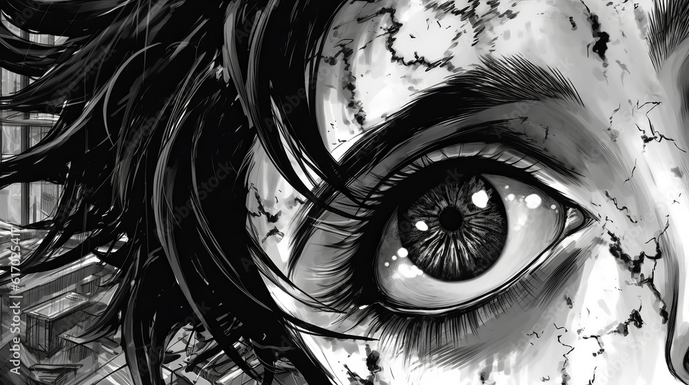 Fototapeta premium Eye of the person, unleash the essence of anime: Dive into the raw beauty of a sketch, Generative AI