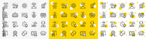 Winner cup, goal target, certificate. Success line icons. Reward, medal with ribbon, crown icons. Award, winner podium, first place success. Statue, diploma with certificate, challenge. Vector