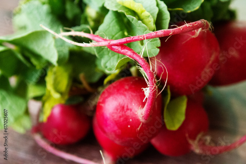 Radish bunch close up. Macro. Radishes. Produce. Agriculture. Gardening. Fresh. Healthy. Nutritious.