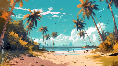 beach with palm trees, a wonderful beach scene at day with a lot of palms, anime manga style, wallpaper, Generative AI © Ameer