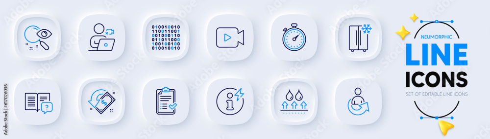 Cashback, Timer and Share line icons for web app. Pack of Search, Instruction manual, Binary code pictogram icons. Video camera, Refrigerator, Power info signs. Video conference. Vector