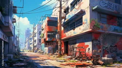 Discover the enchanting world of an abandoned city in anime style - daytime delights - street in the town, wallpaper, Generative AI © Ameer
