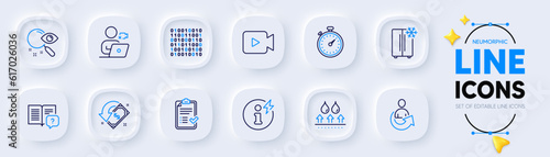 Cashback, Timer and Share line icons for web app. Pack of Search, Instruction manual, Binary code pictogram icons. Video camera, Refrigerator, Power info signs. Video conference. Vector
