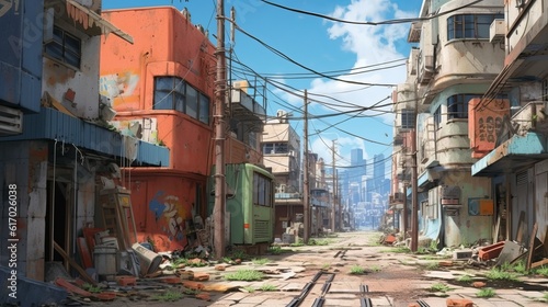 Captivating abandoned city in anime-style illustration: daytime delights, wallpaper, Generative AI