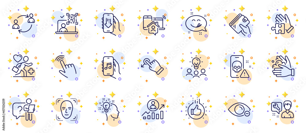 Outline set of Wash hands, Work home and Cursor line icons for web app. Include Wallet, Patient, Cyber attack pictogram icons. Like hand, Repairman, Career ladder signs. Circles with 3d stars. Vector