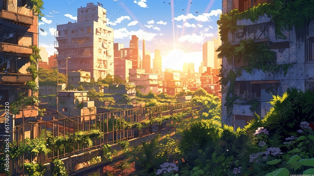 Nature's embrace: enchanting anime-style depiction of an abandoned city