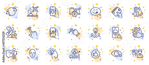 Fototapeta Naklejka Na Ścianę i Meble -  Outline set of Wash hands, Work home and Cursor line icons for web app. Include Wallet, Patient, Cyber attack pictogram icons. Like hand, Repairman, Career ladder signs. Circles with 3d stars. Vector