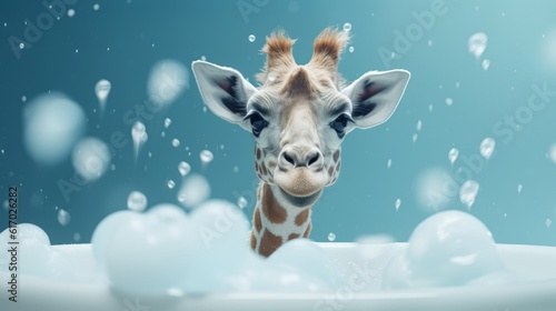 A minimalistic giraffe in a bath with soap bubbles. Generative AI © ColdFire