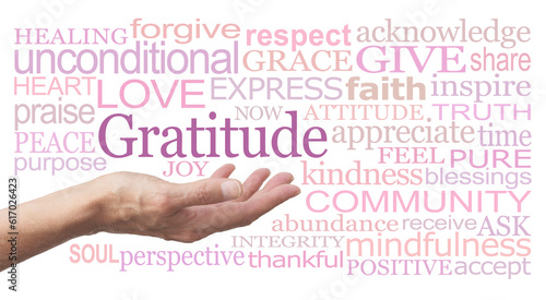 Thanksgiving Gratitude Word Tag Cloud - Female hand open palm  with the word GRATITUDE above surrounded by a relevant word cloud on a pale on white background 
