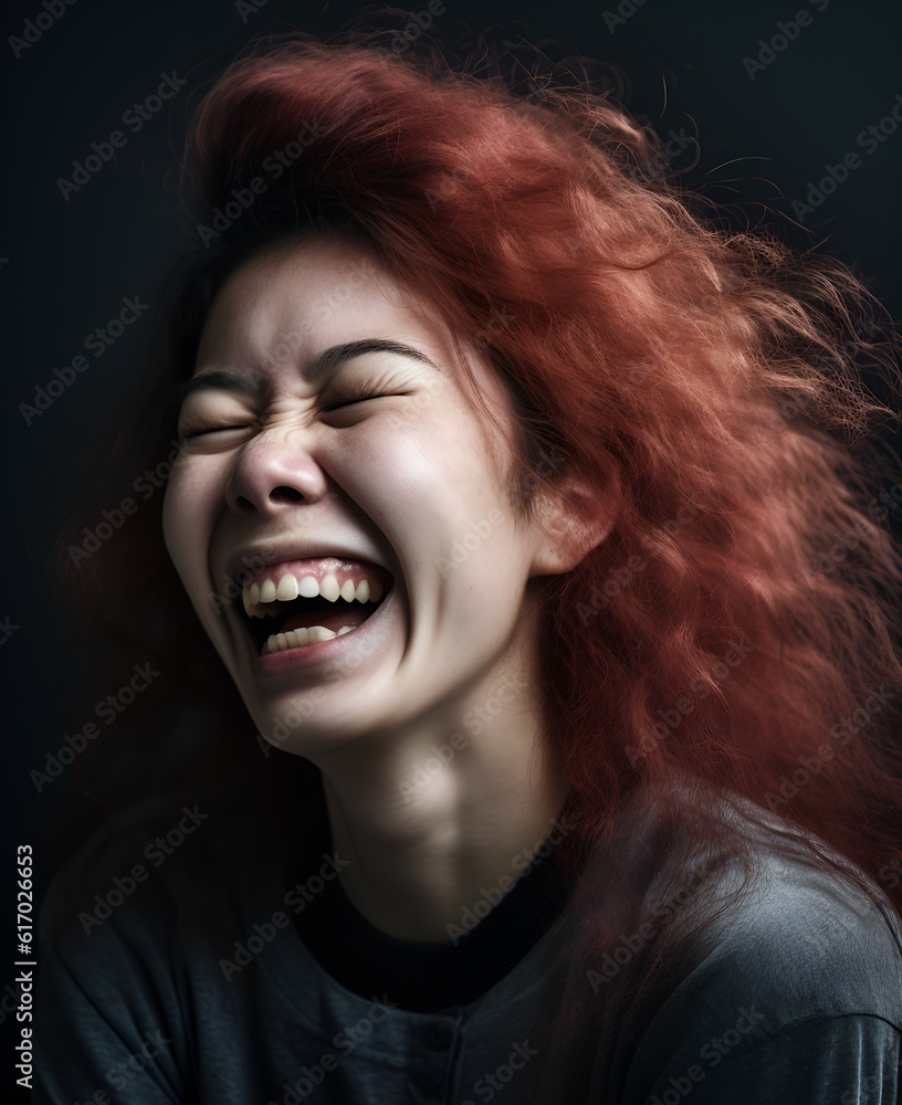 Close-up of a person practicing a specific laughter therapy exercise, like lion's laughter or hearty laughter. 