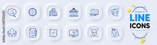 Bio tags, Face detection and Yummy smile line icons for web app. Pack of Touch screen, Cyber attack, Idea pictogram icons. Online voting, Buildings, Hold t-shirt signs. Neumorphic buttons. Vector