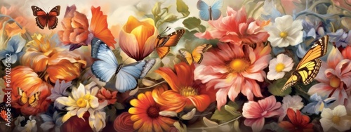 Illustration capturing the beauty of nature with a mesmerizing blend of colorful flowers, leaves, and butterflies, evoking a sense of tranquility and wonder. Web banner backdrop. Generative AI