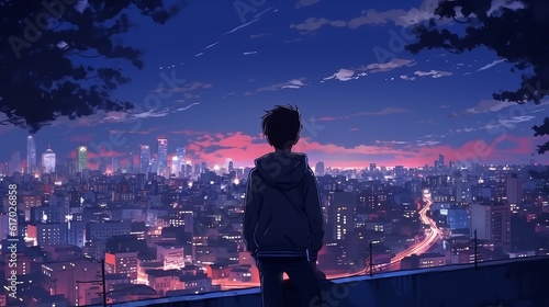 Anime cityscape at night: A moody 4K wallpaper with a cute boy embracing the urban night, wallpaper, Generative AI