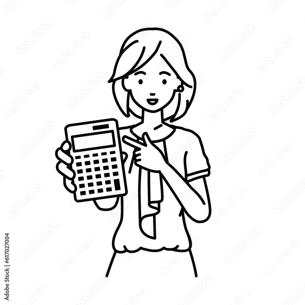 a woman in casual work style recommending, proposing, showing estimates and pointing a calculator with a smile a woman in casual work style recommending, proposing, showing estimates and pointing a calculator with a smile