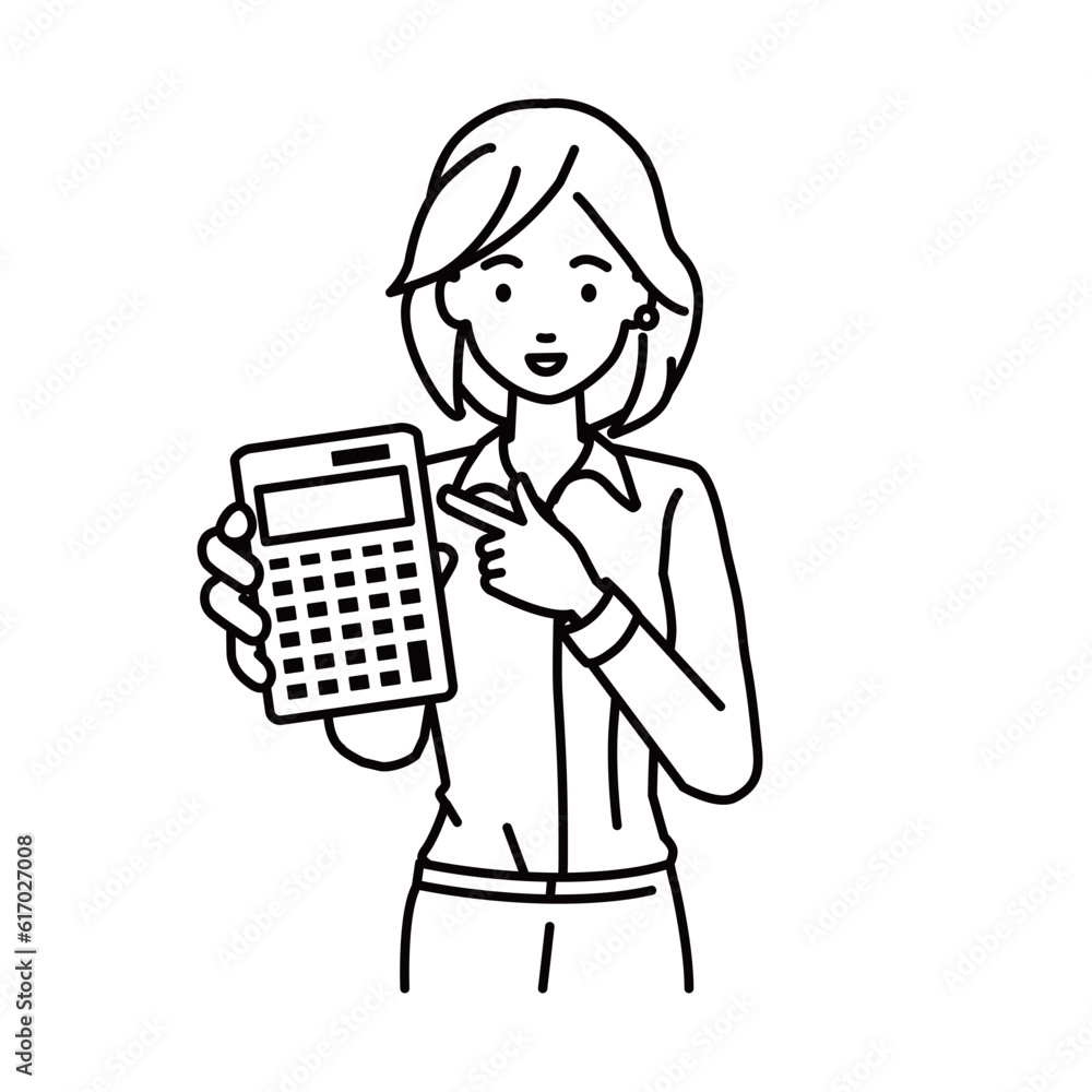a woman in shirt work style recommending, proposing, showing estimates and pointing a calculator with a smile a woman in shirt work style recommending, proposing, showing estimates and pointing a calculator with a smile