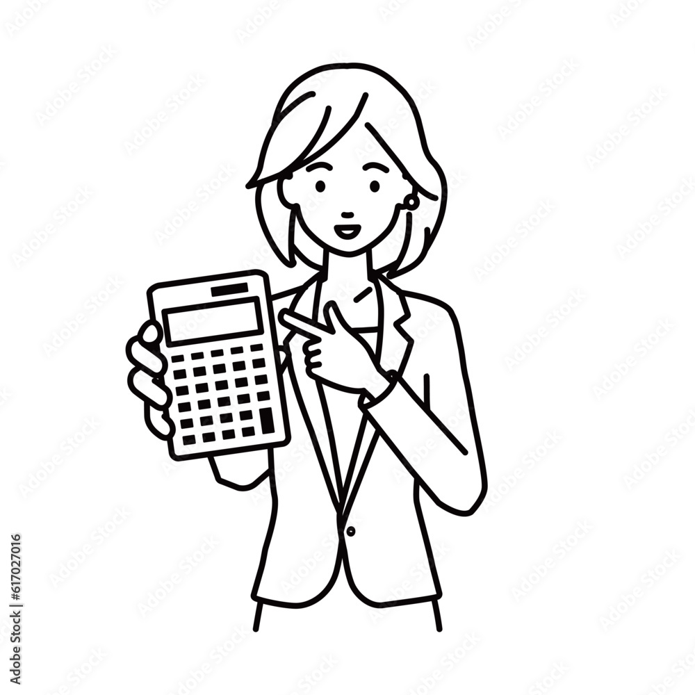 a woman in business suit style recommending, proposing, showing estimates and pointing a calculator with a smile