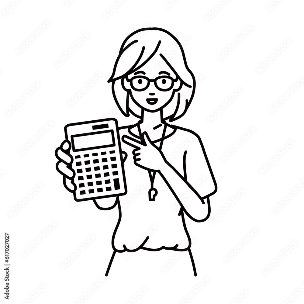a woman teacher recommending, proposing, showing estimates and pointing a calculator with a smile a woman teacher recommending, proposing, showing estimates and pointing a calculator with a smile