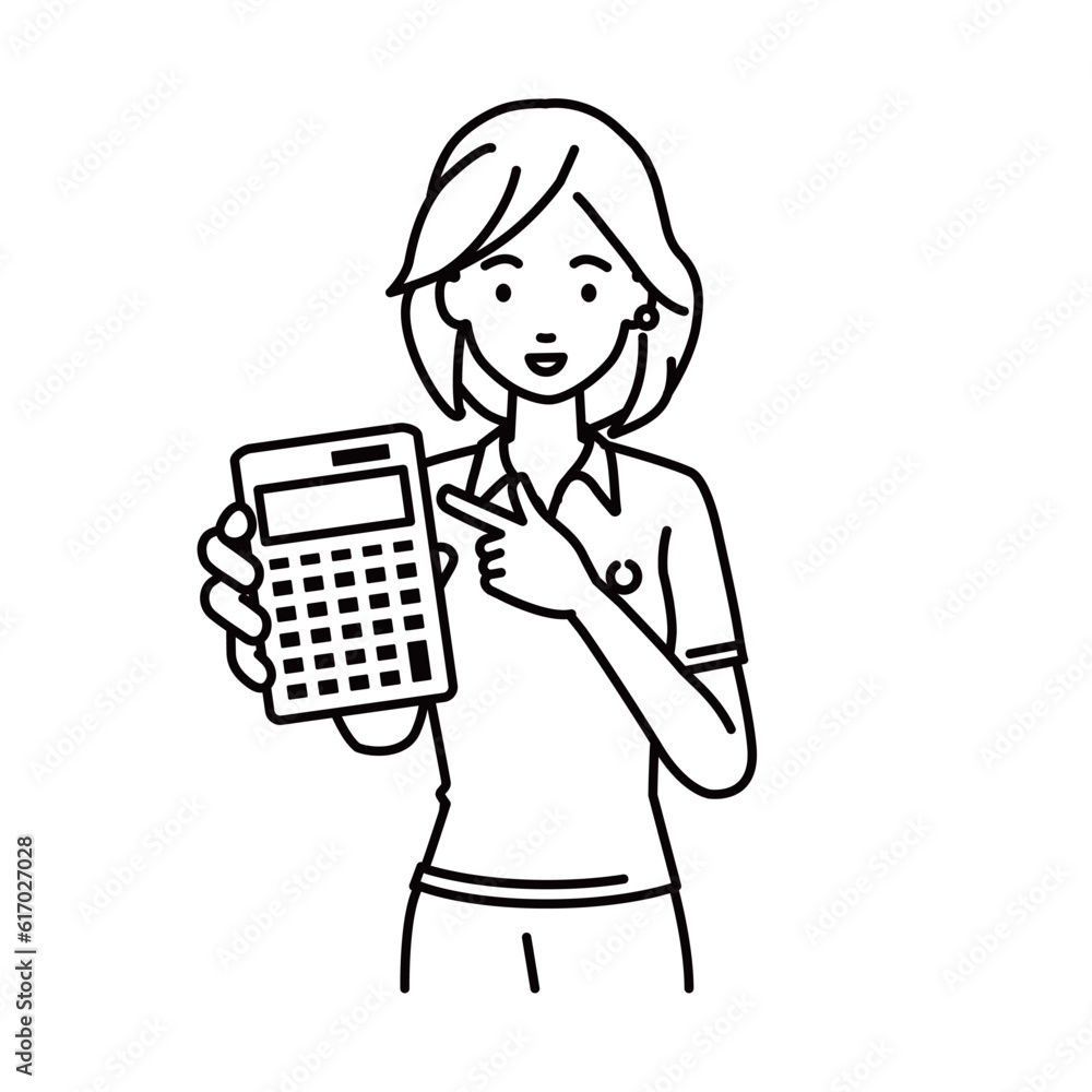 a woman in polo shirt recommending, proposing, showing estimates and pointing a calculator with a smile a woman in polo shirt recommending, proposing, showing estimates and pointing a calculator with a smile