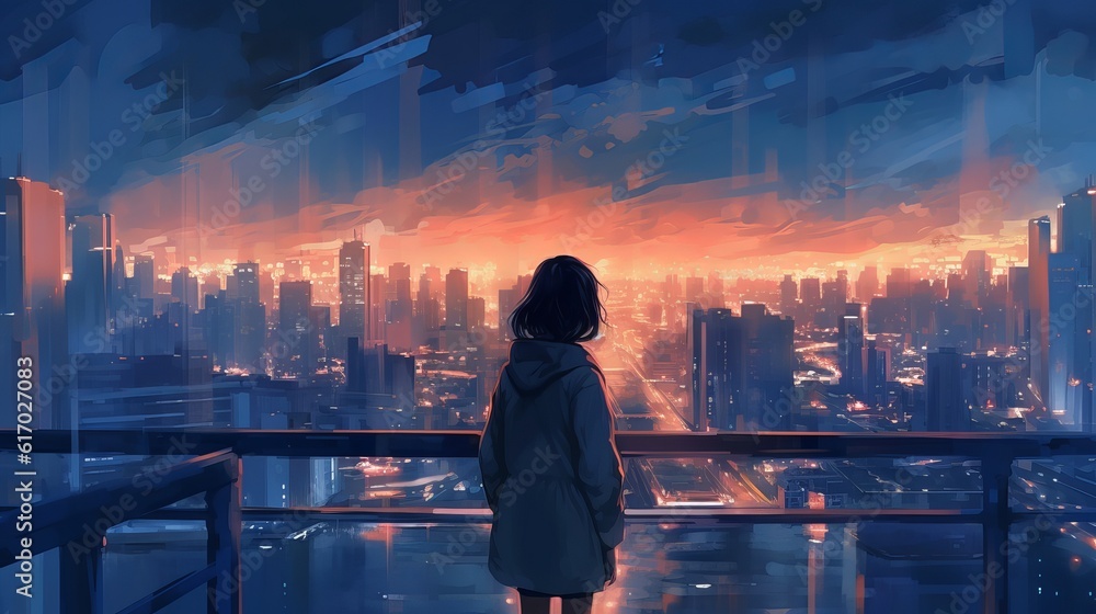 Stockillustratie Anime cityscape at night A moody yet beautiful