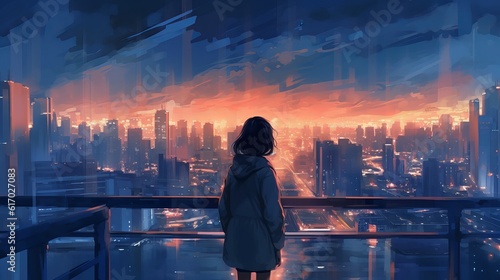 Anime cityscape at night: A moody yet beautiful 4K wallpaper of a cute woman embracing the urban night, wallpaper, Generative AI photo