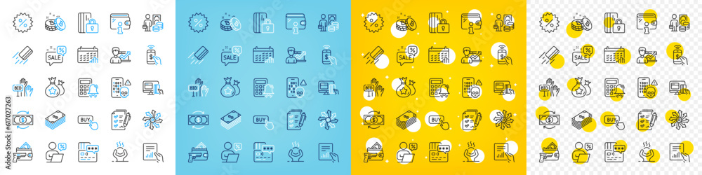Vector icons set of Versatile, Armed robbery and Discounts bubble line icons pack for web with Calendar graph, Bid offer, Phone payment outline icon. Money change, Discount. Vector