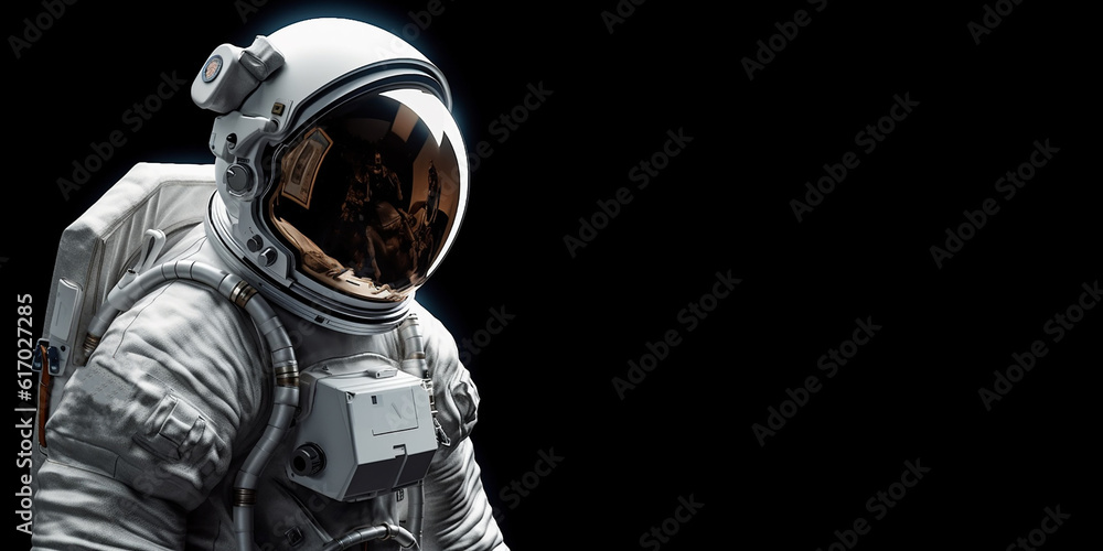 Cosmonaut or astronaut in a spacesuit, close-up and on an isolated black background. Generative AI