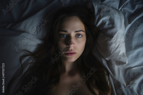 woman lying awake in bed staring at camera, made with generative ai