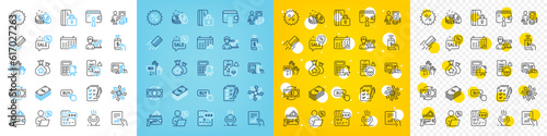 Vector icons set of Versatile, Armed robbery and Discounts bubble line icons pack for web with Calendar graph, Bid offer, Phone payment outline icon. Money change, Discount. Vector