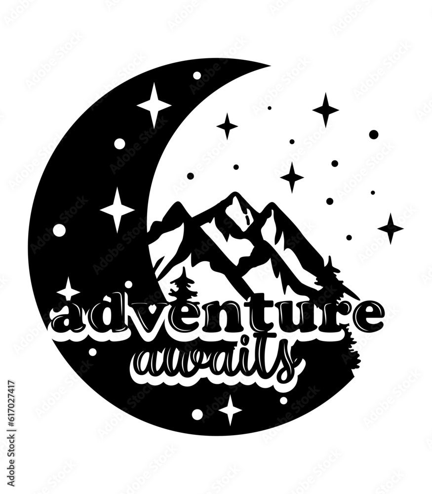 Adventure awaits, black vector illustration. Motivational design. Mountain and forest. Moon and stars.