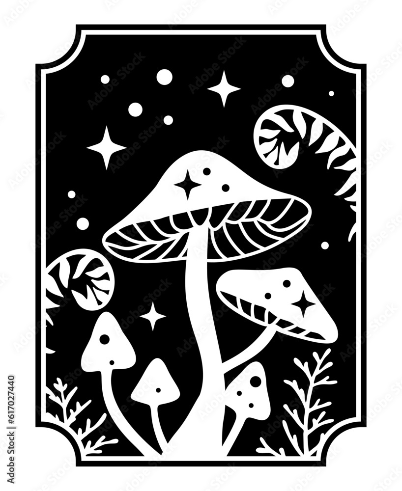 Magic mushrooms with fern leaves and stars. Black vector illustration