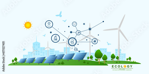 Environmental conservation and Smart city using clean green energy concept, Infographic of Renewable energy sources with windmills farm, Wind power, Solar energy panel, Sustainable of natural ecology.