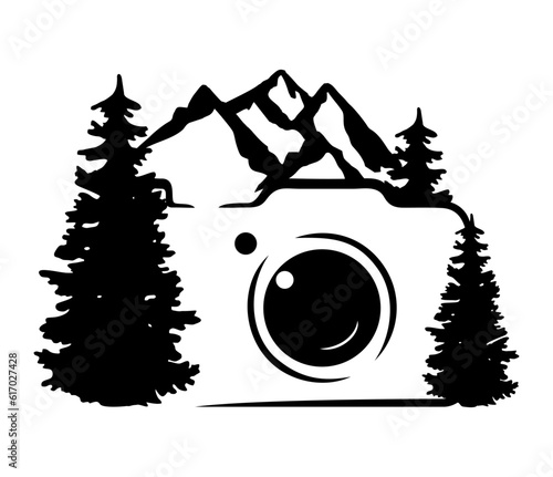 Camera with forest and mountains, silhouette vector illustration. Hobby, taking pictures