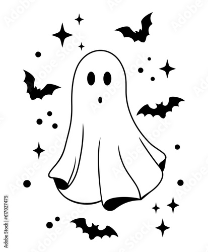Ghost with bats and stars,  flat design vector for halloween. Cute ghost